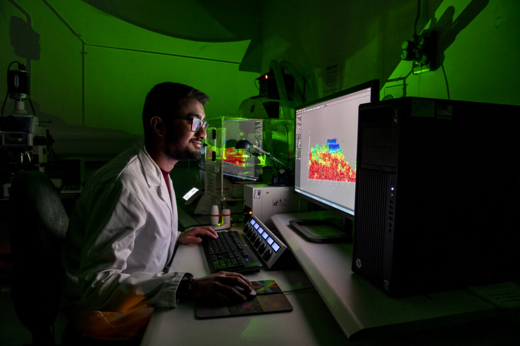 A researcher sits in a green room, examining a graph displayed on a computer monitor.